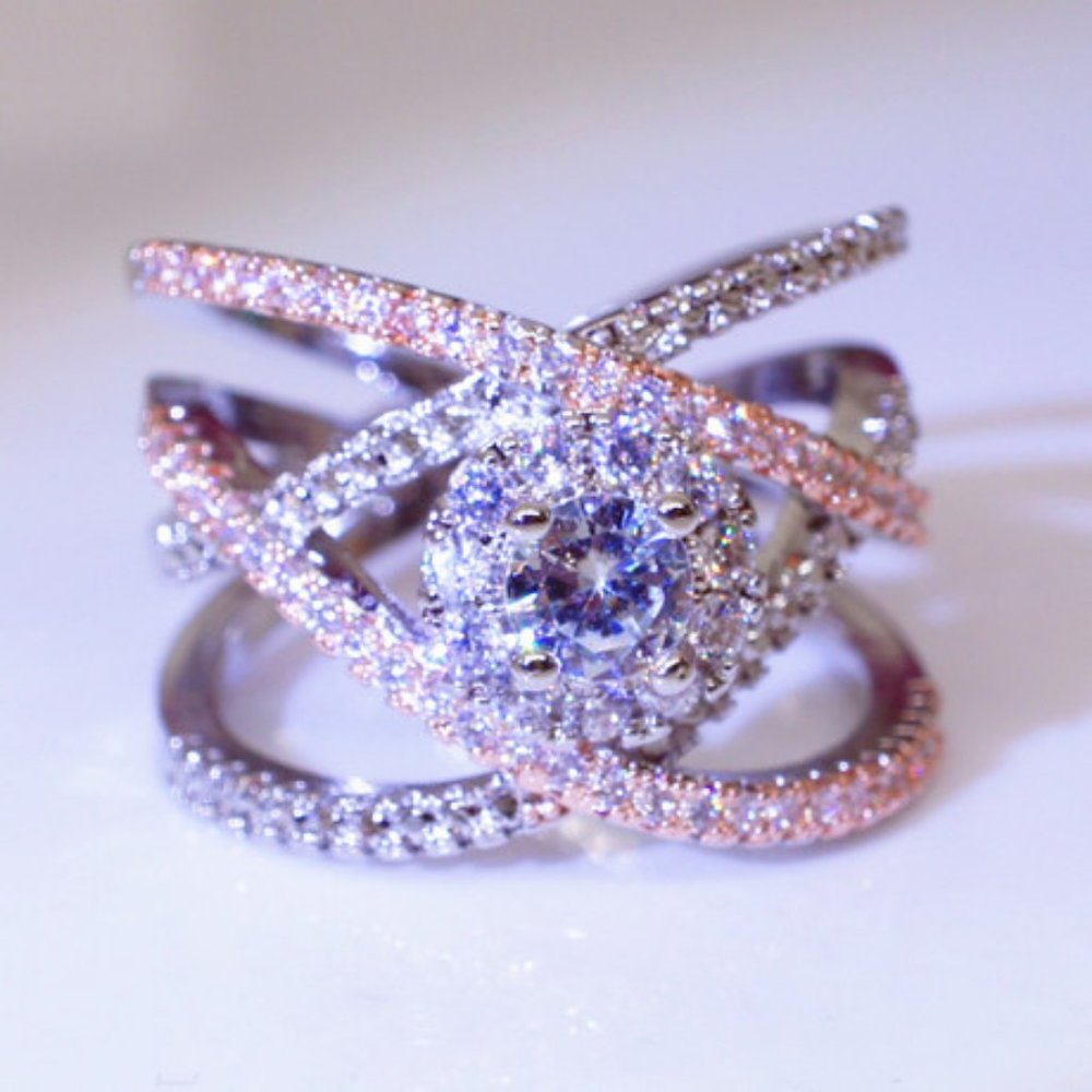 NEW Two Tone 18K Rose & White Gold Diamond Halo Layer Ring - Picture 3 of 5